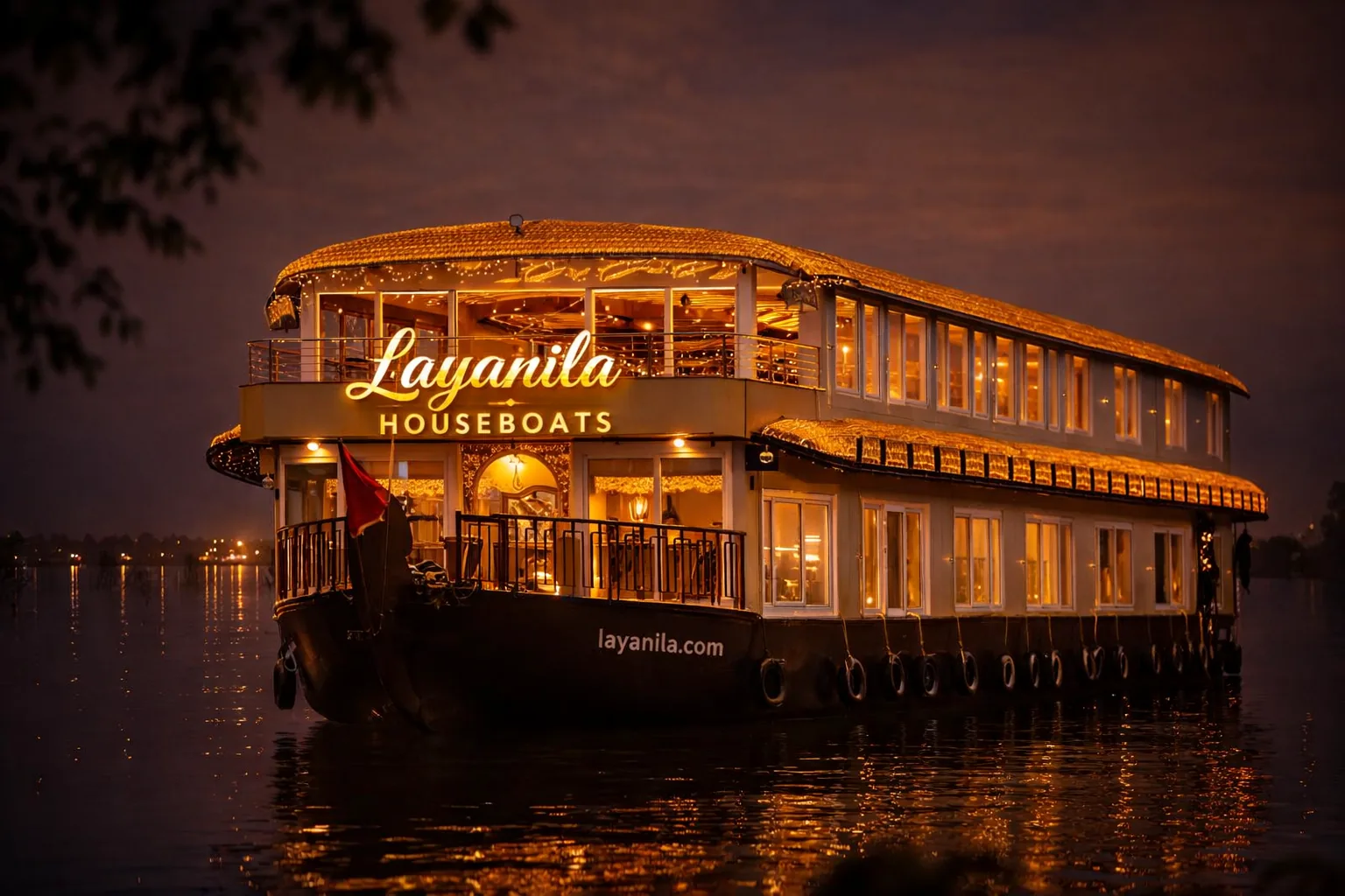 Layanila Houseboats glowing at dusk