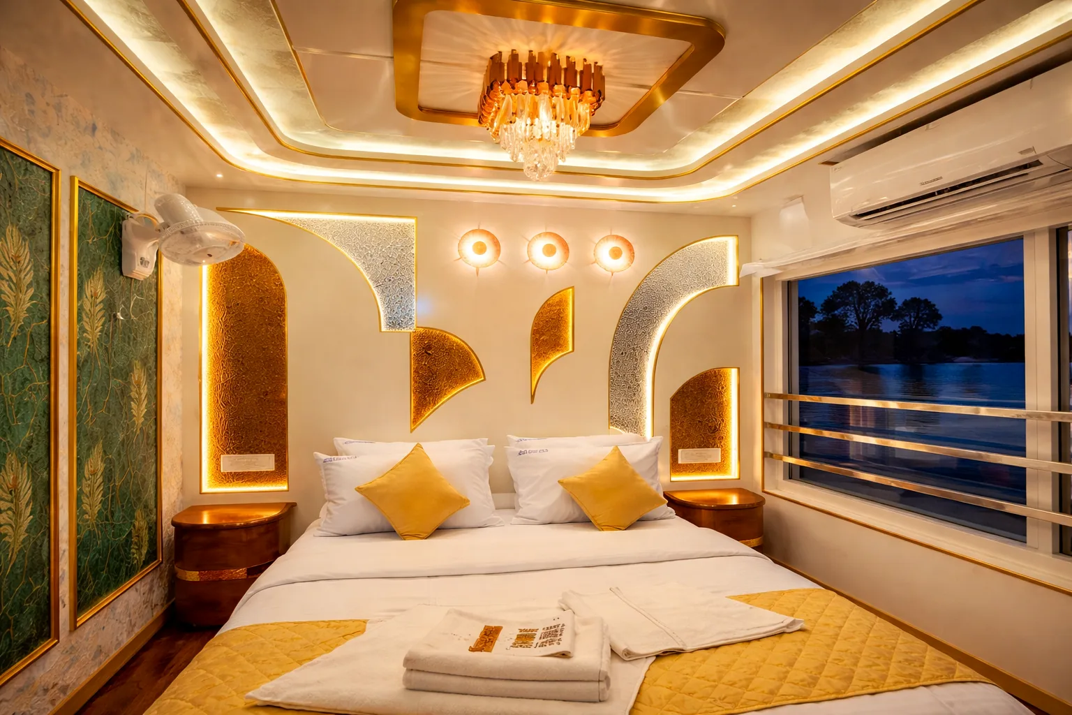 Houseboat bedroom with large water-facing windows