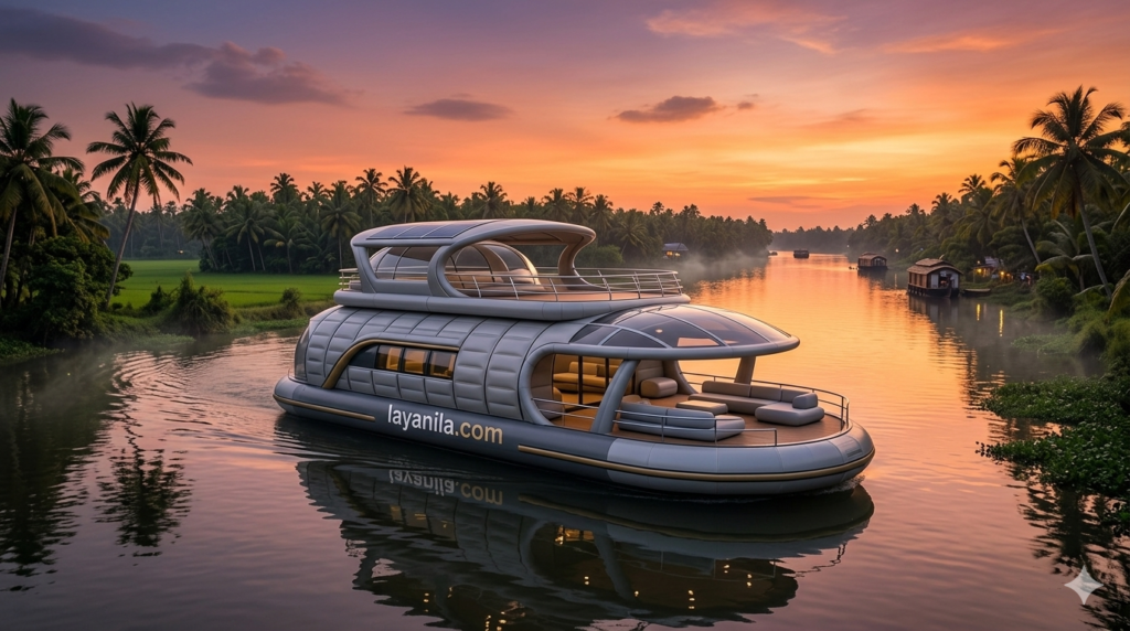 Ultra-realistic futuristic double-decker inflatable houseboat on a Kuttanadan river at sunset with Layanila.com branding.