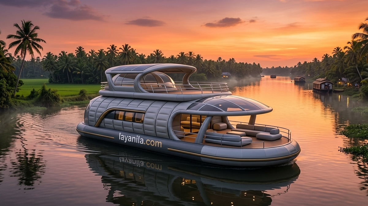 Ultra-realistic futuristic double-decker inflatable houseboat on a Kuttanadan river at sunset with Layanila.com branding.