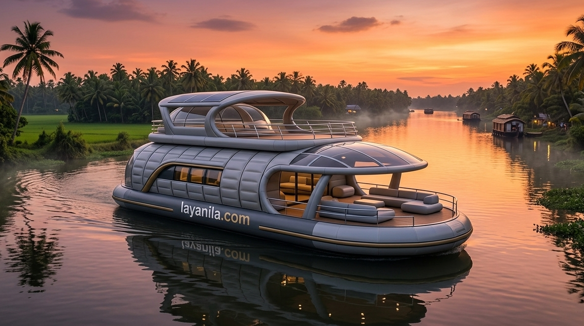 Ultra-realistic futuristic double-decker inflatable houseboat on a Kuttanadan river at sunset with Layanila.com branding.